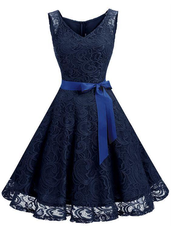 Floral Belted Party Swing Dress V Neck Sleeveless Homecoming Dresses Lace Liliana 17528