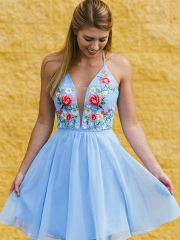 Cute V Neck Criss Cross Back Alisha Homecoming Dresses A Line White Short With Embroidery 1767