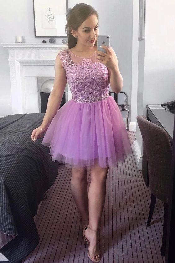 Pretty A-Line Round Neck Lilac Tulle With Appliques And Beading Heather Homecoming Dresses 17955