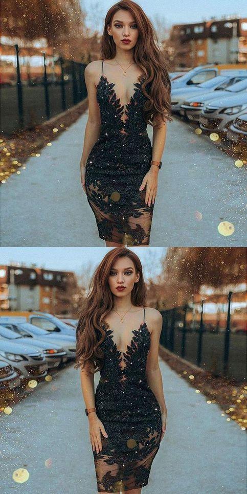 Homecoming Dresses Lace Donna Sheath Spaghetti Straps Black Beaded Short Dress With Cheap 18
