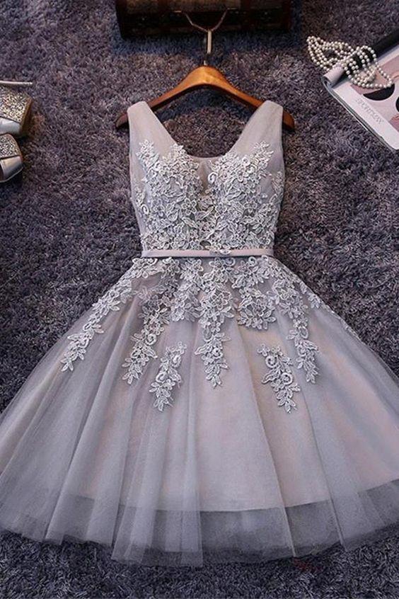Homecoming Dresses Arely Short Gray Tulle Appliqued 184