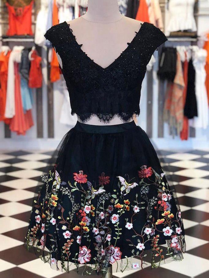 V Neck Dresses Homecoming Dresses Lace Cailyn Two Pieces Short Black With Floral 1881