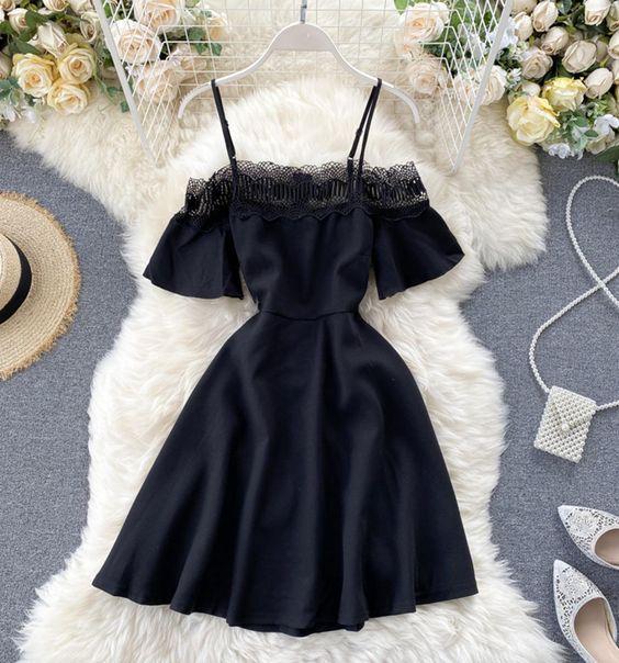 Cute Black Short Dress Off Kamari Homecoming Dresses A Line Lace Shoulder Dress 19194