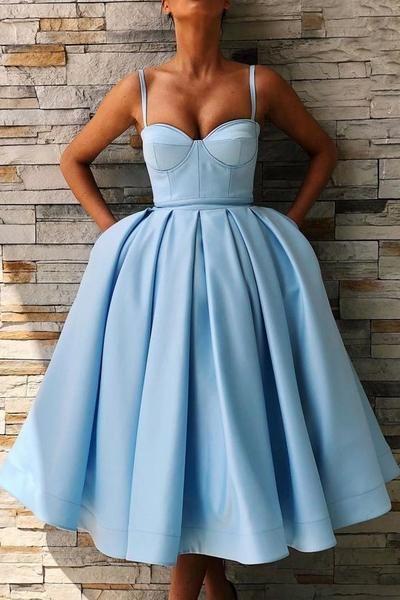 Spaghetti Straps Homecoming Dresses Satin Pru Sweetheart Tea Length Ball Gown Party 1919