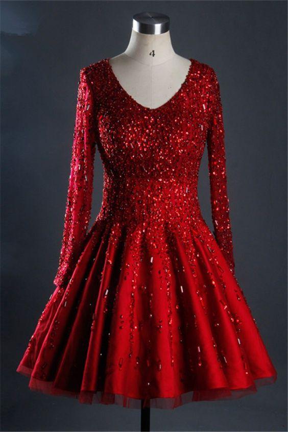 Gorgeous Ball Gown Short Red Tulle Beaded Dress With Alyssa Homecoming Dresses Satin Sleeves 19432