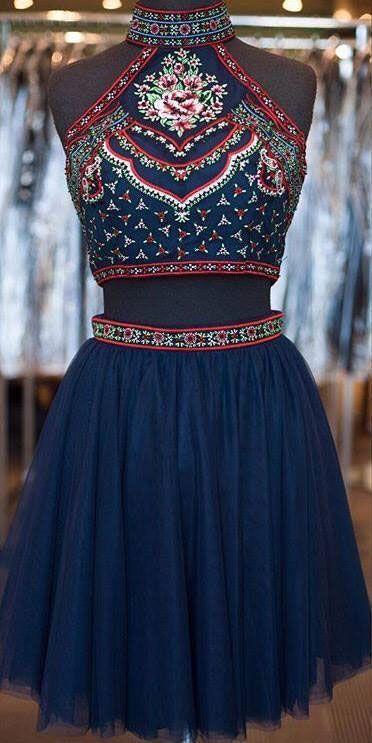 Homecoming Dresses Grace Two-Piece High Neck Short Tulle Navy Blue With Embroidery 202
