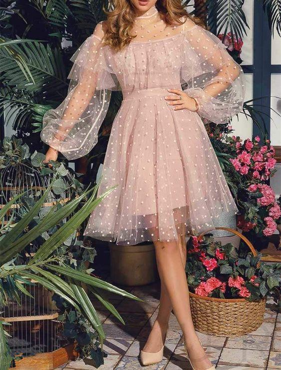 Cute Homecoming Dresses Pink Jillian Lace Short Princess Long Sleeves 2060