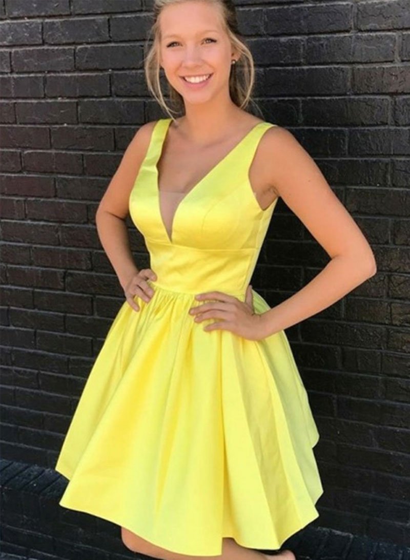 Ciara Homecoming Dresses Yellow V Neck Short Dress 2085