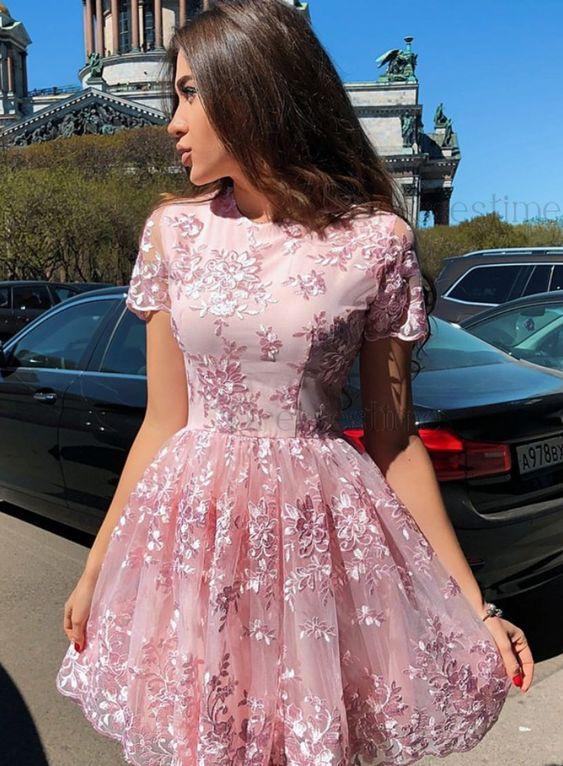 Cute Round Karma Homecoming Dresses Pink Lace A Line Neck Cap Sleeves Short 211