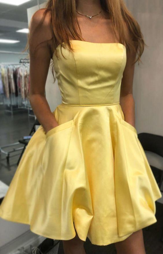 Strapless Short Yellow Party Dress With Homecoming Dresses Mandy Pockets 2120