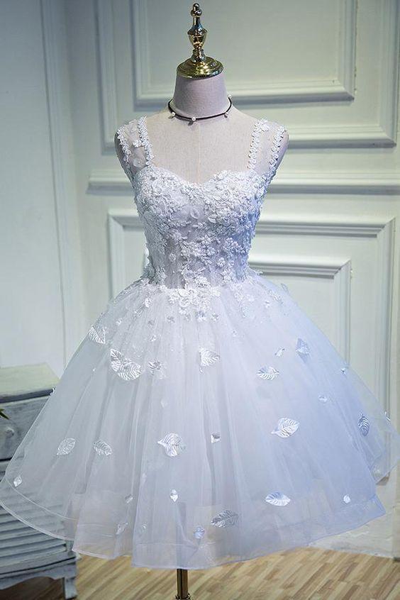 Simple Sweetheart Estrella Homecoming Dresses Lace White Up Beads Appliques Tulle Straps 21485