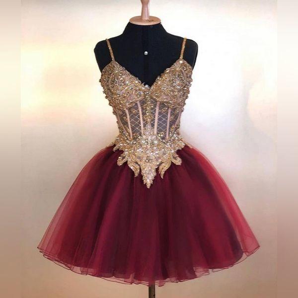 Short Aliana Lace Homecoming Dresses Burgundy Beads Gowns 21528