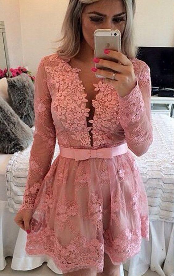 Long Sleeves V Pink Homecoming Dresses Lace Abby Neck Formal Evening Gown 22734