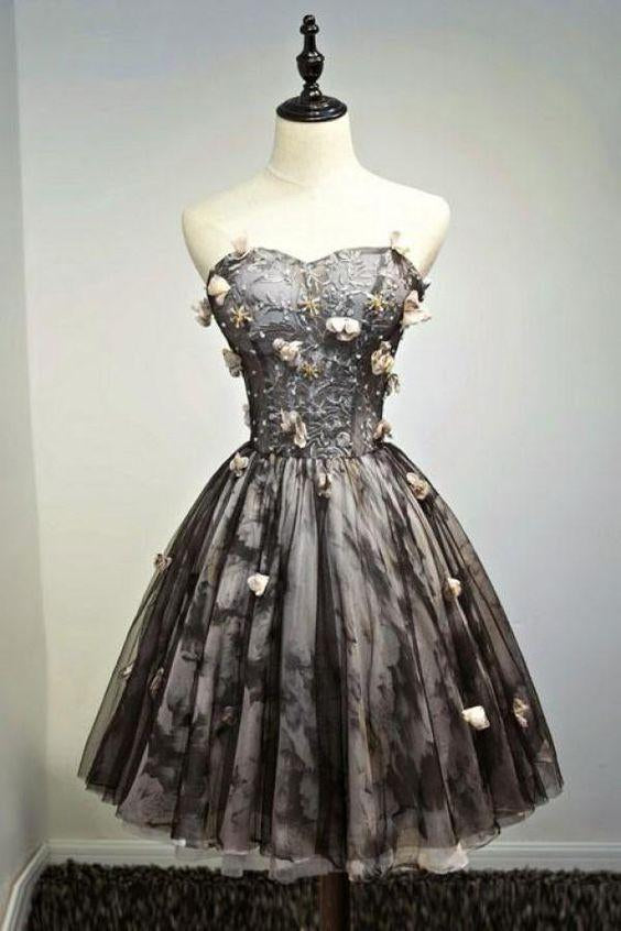 Black Sweetheart Strapless With Flowers Tulle Homecoming Dresses Yoselin A Line Short School Dress 22738