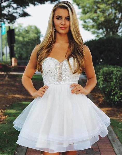 White Round Neck Tulle Homecoming Dresses Eileen Beads Short 22806