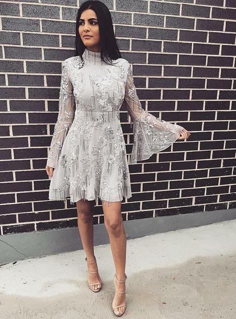 A-Line High Neck Short Grey Homecoming Dresses Lace Roselyn With Long Sleeves 22812
