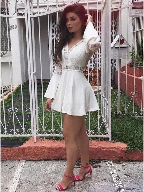A-Line V-Neck Bell Sleeves Lilian Lace Homecoming Dresses Short White With 22942