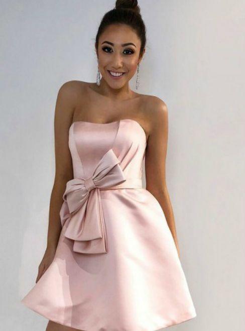 Pink Satin Homecoming Dresses Dania A-Line Strapless With Bowknot 22982