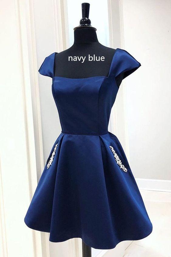 Navy Blue Short A-Line With Cap Sleeves And Satin Homecoming Dresses Leilani Beaded Pockets 23512