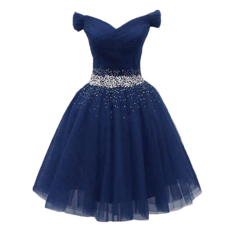 Navy Beaded Sweetheart Off Shoulder Tulle Homecoming Dresses Mattie 23552