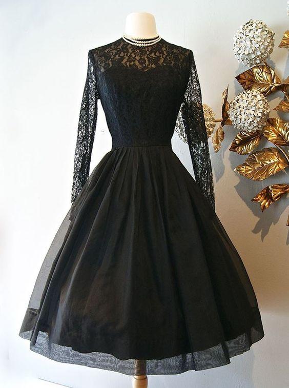 Vintage Style Homecoming Dresses Joan Lace A-Line Knee-Length Long Sleeves Black With 23633