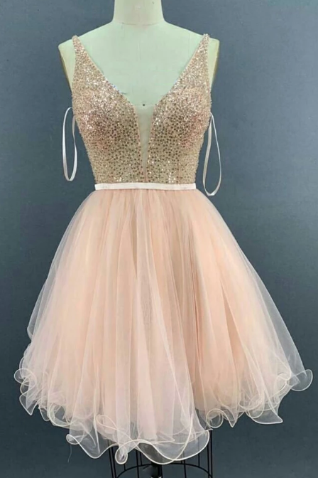 PINK V NECK TULLE SEQUIN SHORT Homecoming Dresses Nathaly DRESS PINK TULLE 2390