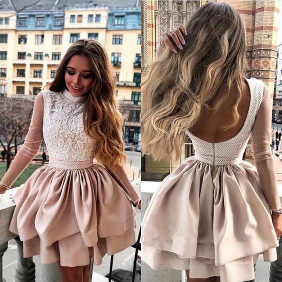 Homecoming Dresses Gwendolyn A-Line High Neck Champagne With Appliques Sleeves Cute 23