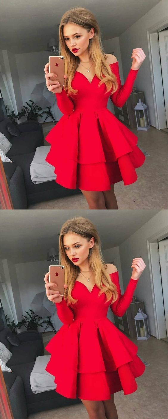 A-Line Crew Neck Long Sleeves Ciara Homecoming Dresses Short Red Tiered 240