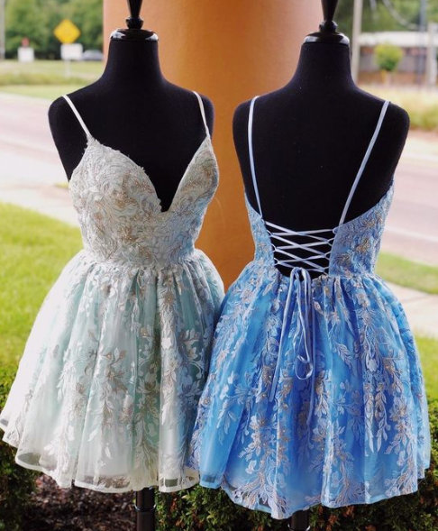 A Line Desirae Lace Homecoming Dresses Unique Blue Formal Back To School Dresses 2408