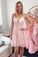 Homecoming Dresses Lace Pink Ana Princess Short Plunging Neck Short Party Dress 24091