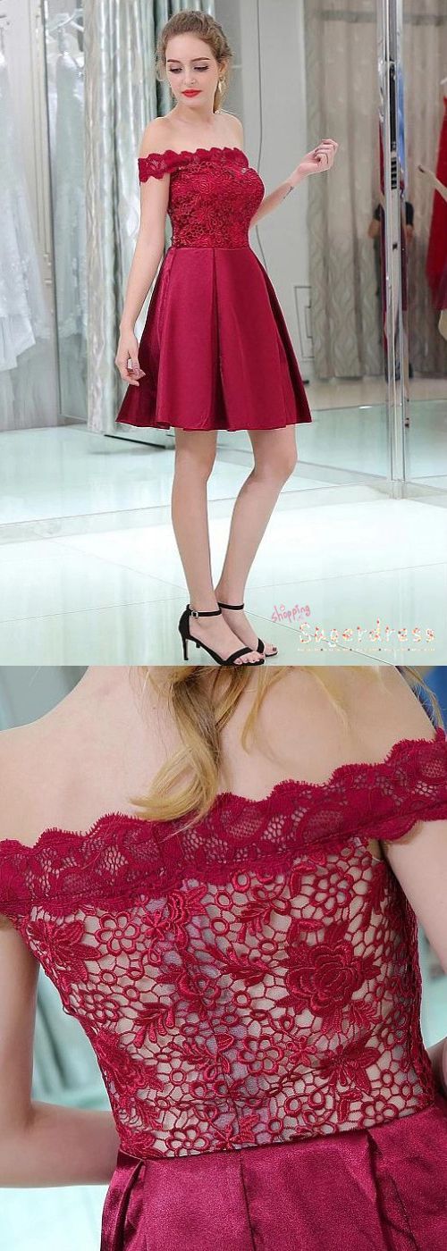 Rylie Lace Homecoming Dresses Short Slash Neck Burgundy With 24240