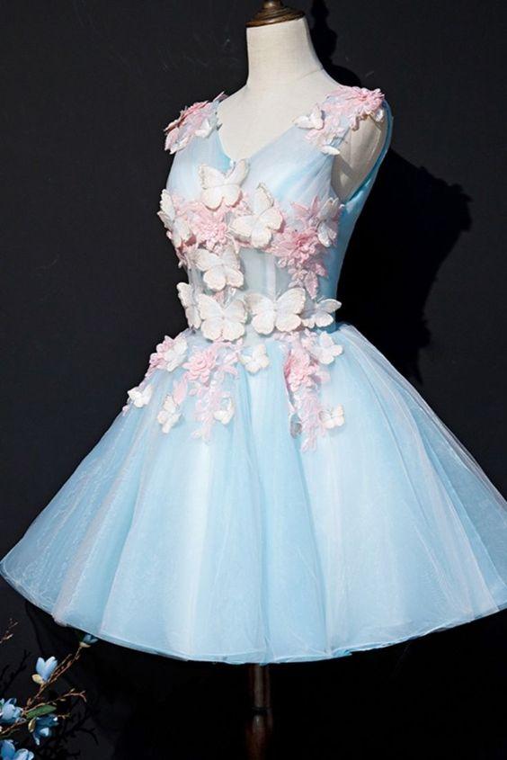 Princess Blue A-Line Homecoming Dresses Diya Short With Flowers 24332