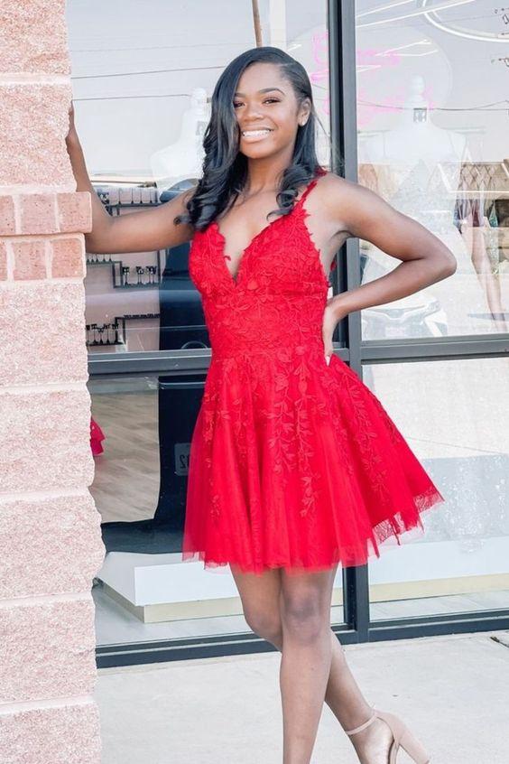 A-Line Red Lace Lyric Homecoming Dresses Appliques Short 24383
