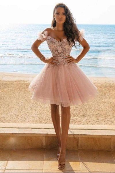 A-Line Floral Tulle Off-The-Shoulder Lace Pink Homecoming Dresses Paityn Short 24501