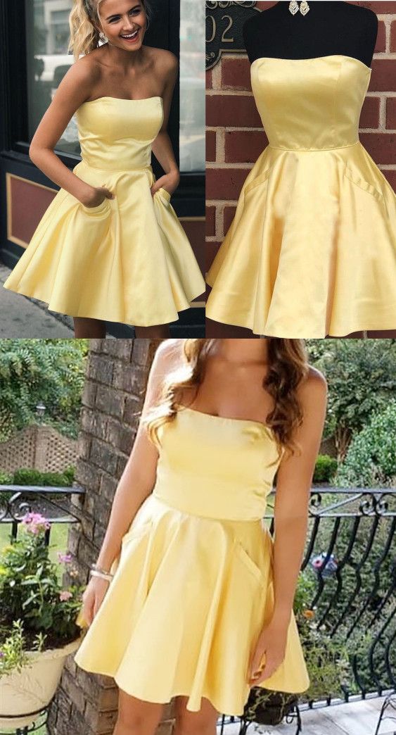 Strapless Tiara Homecoming Dresses Short Yellow 2024 Cheap 2460