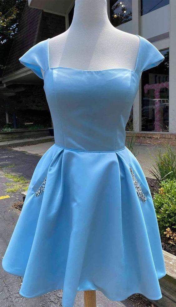 Cap Sleeves Light Blue Satin Alexia Homecoming Dresses Short With Beaded Bodice 24733