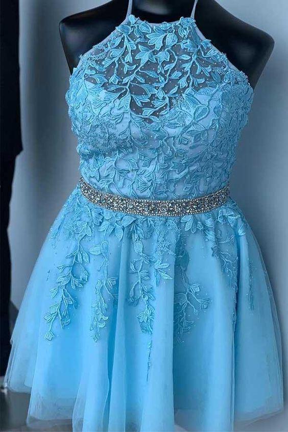 Halter Appliqued Mary Homecoming Dresses Blue With Beading Belt 24746