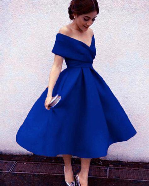 Ball Gown Tea Length Tea Homecoming Dresses Royal Blue Carmen Length Party Dress 2511
