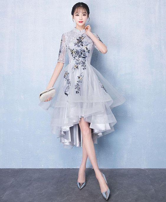 Cute Gray Tulle Applique Bailee Homecoming Dresses Lace High Low Dress Gray 2560