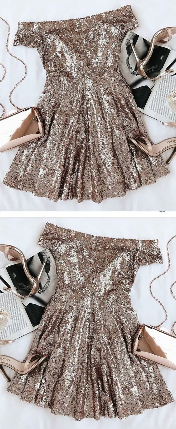 Cocktail Litzy Homecoming Dresses Stunning Gold Seuqins Off The Shoulder Party Dresses Short Sleeves 2587