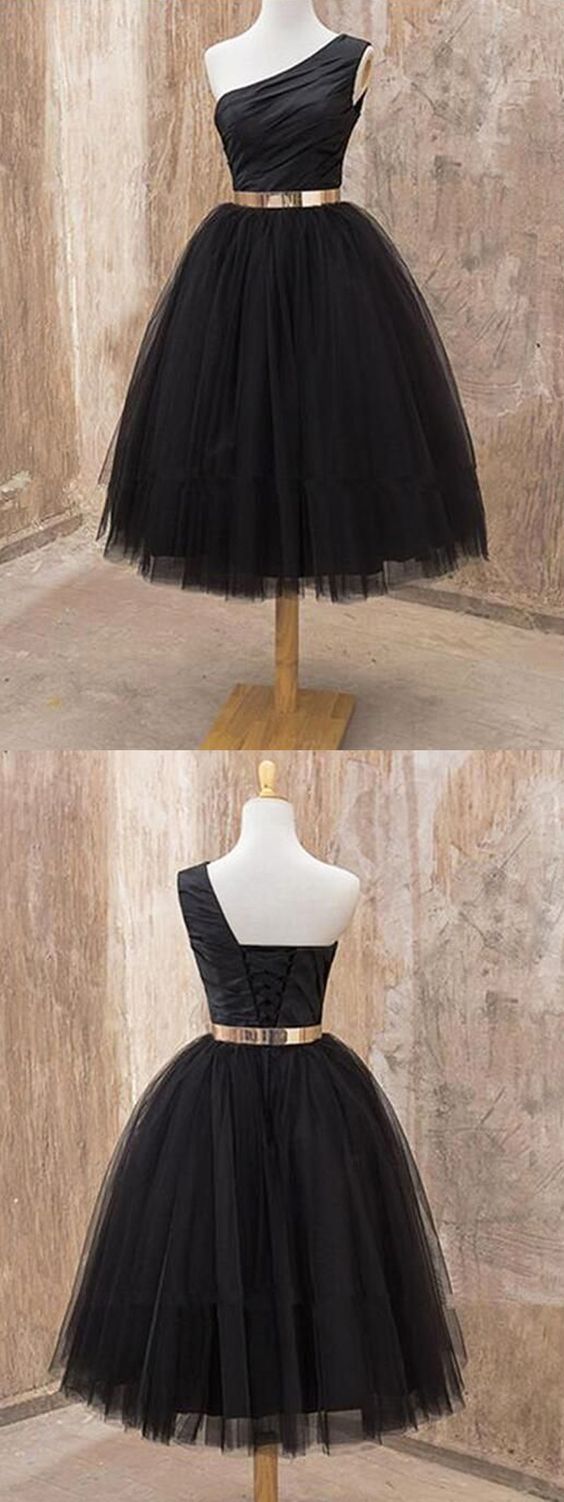 Cute One Shoulder Black Tulle A Line Abril Homecoming Dresses Short With Metal Belt 2689