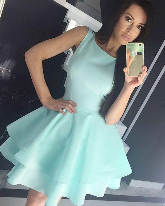 Jewel Simple Satin Homecoming Dresses Johanna Mint Layered Skirt Short Light Green Dress 2819
