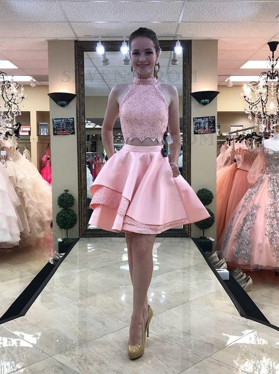 Two Lace Pink Homecoming Dresses Avery Piece High Neck Above-Knee With Pockets 2832