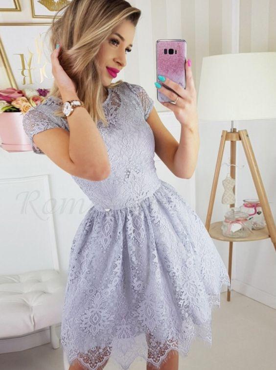 Maliyah Homecoming Dresses Lace A-Line Crew Short Sleeves Above-Knee Lavender Party Dress 2881