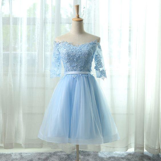 Light Blue Tulle Cockail Dress Off The Lace Joyce Homecoming Dresses Shoulder With Appliques 2944