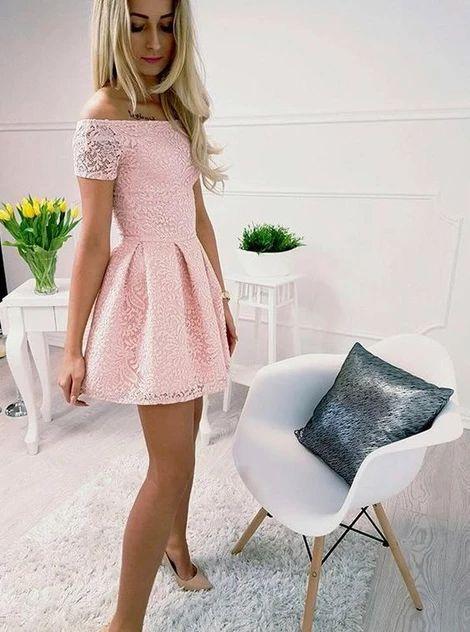Blush Pink Lace Homecoming Dresses Avah Off Shoulder 3016