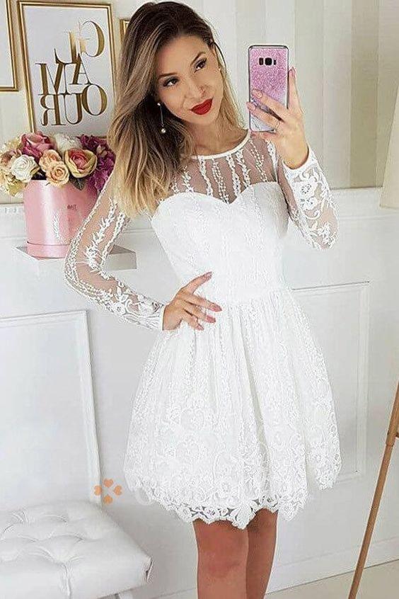 A-Line Round Gemma Homecoming Dresses Lace Neck Long Sleeves White Short Party Dress 3017