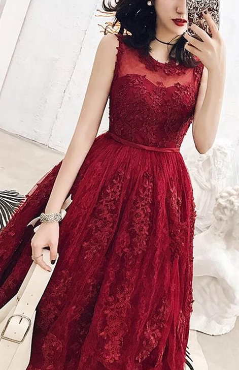 Charming Wine Red Tea Length Tulle Party Homecoming Dresses Scarlett Lace Dress 3026