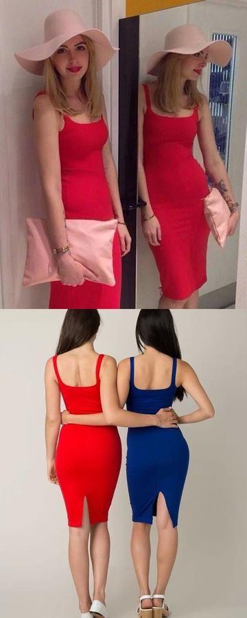 Simple Square Red Knee Length Tight Party Dress Charming Homecoming Dresses Riley 3058