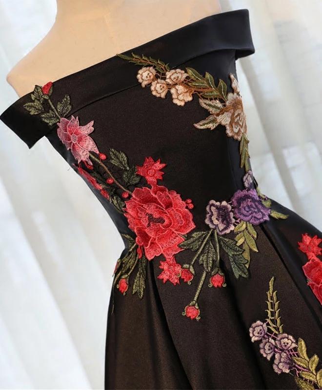 Beautiful Black Tea Length Party Satin Homecoming Dresses Kathryn Floral Black Formal Dress 3290